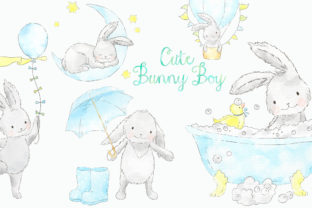 Cute Blue Bunny Boy Watercolor Clip Art for Handmade Projects