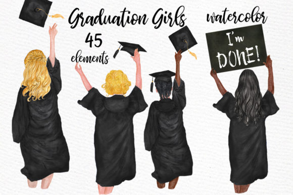 Graduation Clipart Watercolor Girls for Creative Design Projects
