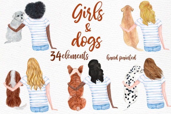 Watercolor Girls with Dogs Clipart for Local Business Branding