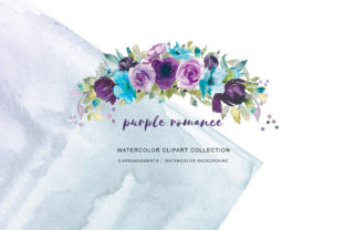Watercolor Purple Lilac Turquoise Set and Illustrations