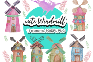 Windmill Watercolor Clipart Illustration